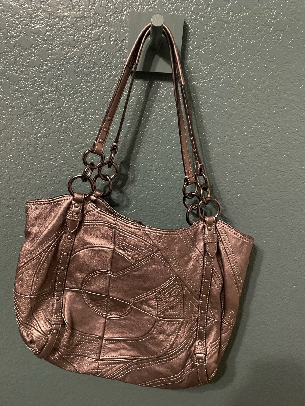 Coach Women's Metallic silver tote Bag with Ring-Detail Straps